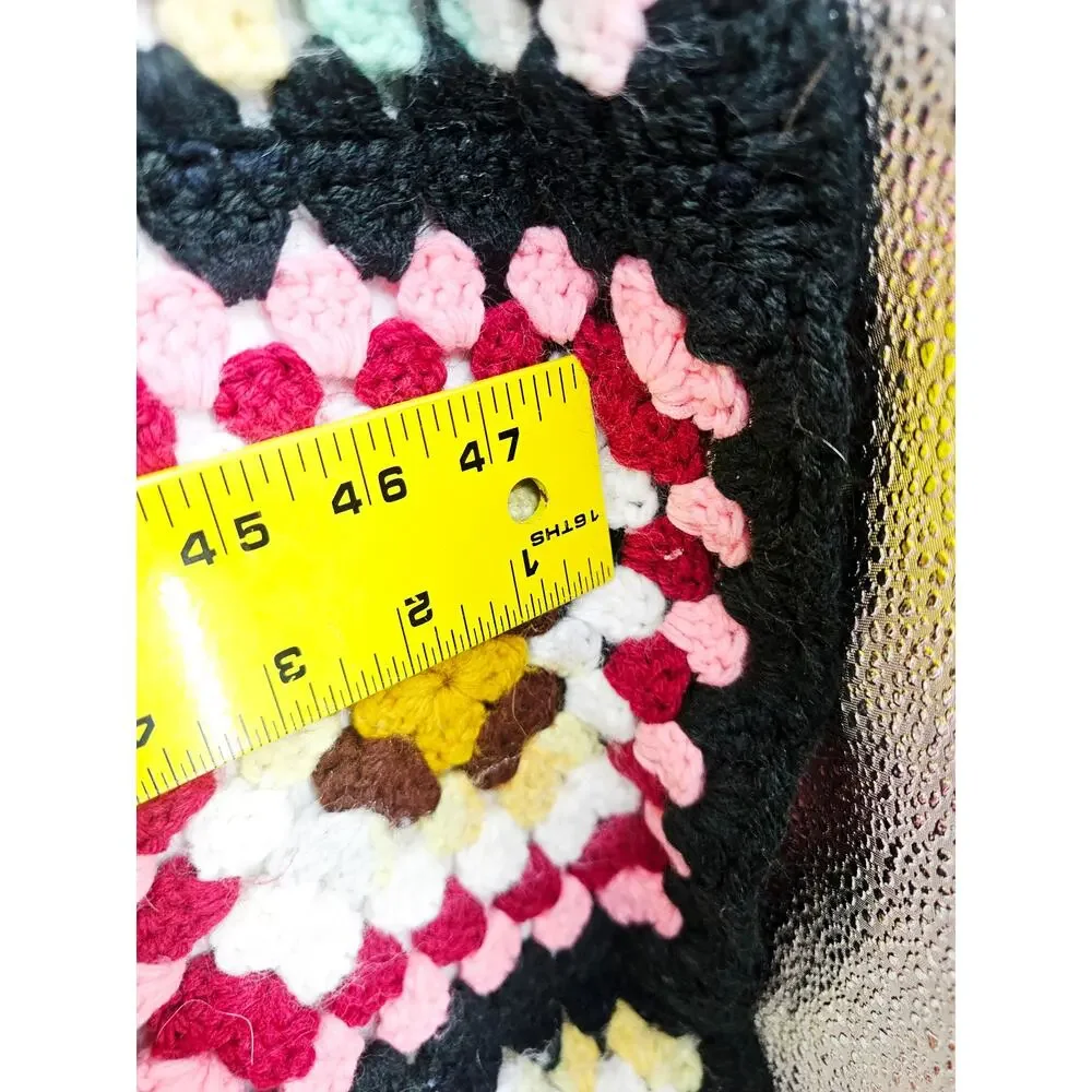 Vintage 70s Granny Square Afghan Crochet Throw Blanket Multicolor 65x50 Cottage